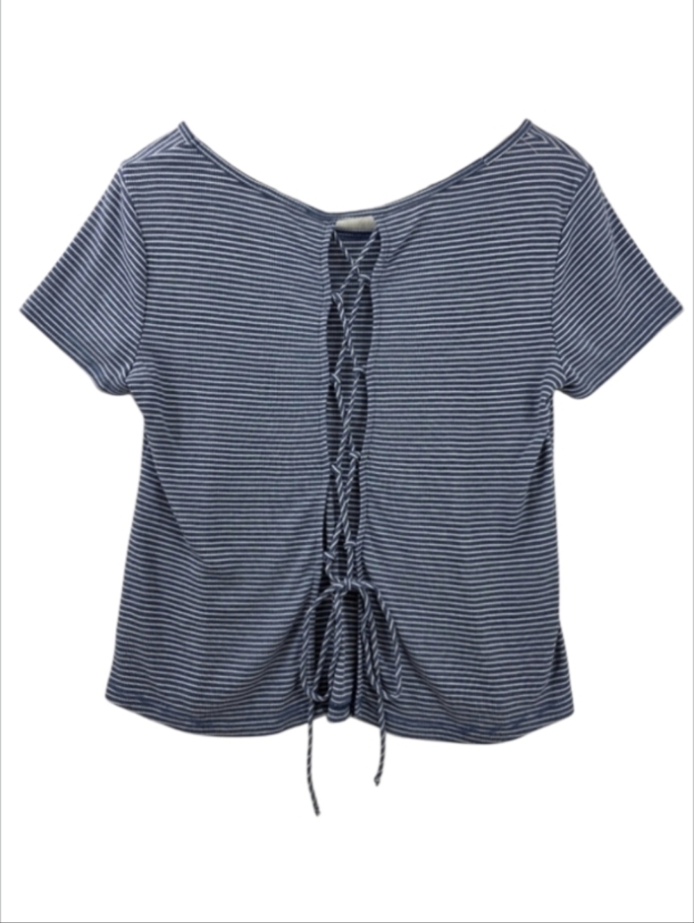Everly Blue White Striped Open Lace-Up Back Tee Women's Size Medium Soft & Comfy